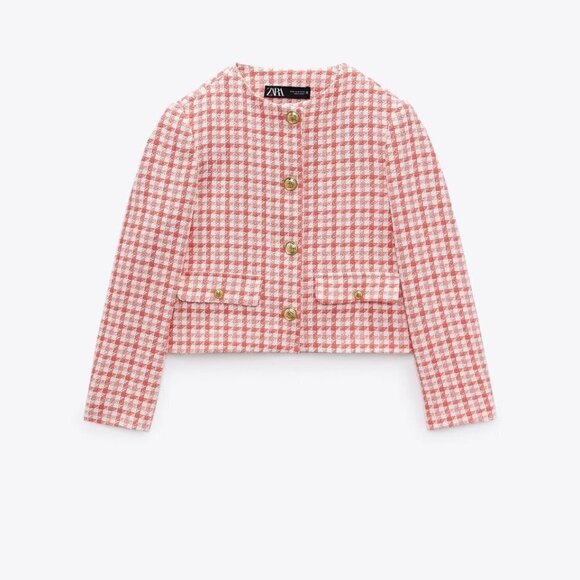 ZARA TEXTURED HOUNDSTOOTH BLAZER RED SIZE XL 1165/037/046 - Picture 1 of 14